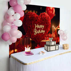 Lofaris Fond d'Anniversaire Cœur de Roses Rouges Élégant avec Ballons et Cadeaux, Décor Romantique