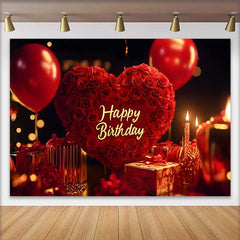 Lofaris Fond d'Anniversaire Cœur de Roses Rouges Élégant avec Ballons et Cadeaux, Décor Romantique