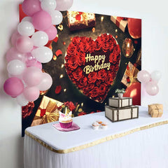 Lofaris Fond d'Anniversaire Cœur de Roses Rouges, Décor de Fête Romantique avec Ballons et Cadeaux
