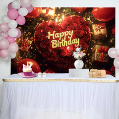 Lofaris Fond d'Anniversaire Cœur de Roses Rouges avec Cadeaux Dorés et Ballons, Décor de Célébration