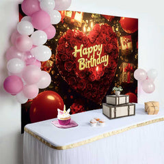 Lofaris Fond d'Anniversaire Cœur de Roses Rouges avec Cadeaux Dorés et Ballons, Décor de Célébration