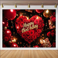 Lofaris Fond d'Anniversaire Cœur de Roses Rouges, Ballons Or et Cadeaux pour Célébration de Fête Élégante