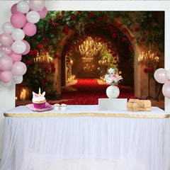 Lofaris Toile de fond arche romantique avec roses rouges et chandelier doré, pour mariage, anniversaire et fête élégante.