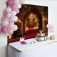 Lofaris Toile de fond arche romantique avec roses rouges et chandelier doré, pour mariage, anniversaire et fête élégante.