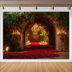 Lofaris Toile de fond arche romantique avec roses rouges et chandelier doré, pour mariage, anniversaire et fête élégante.