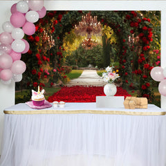 Lofaris Toile de fond mariage avec arche de roses rouges, chemin de pétales pour cérémonie romantique