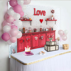 Lofaris Toile de fond mur de briques avec meuble rouge et coeur, decoration romantique pour saint valentin