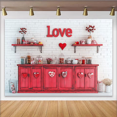 Lofaris Toile de fond mur de briques avec meuble rouge et coeur, decoration romantique pour saint valentin