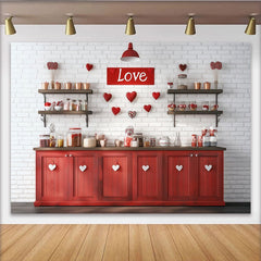 Lofaris Toile de fond Saint-Valentin cœurs et amour, mur de briques blanc et cuisine rustique, pour célébration romantique