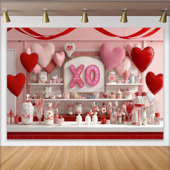 Lofaris Toile de fond de fête romantique avec cœurs roses et rouges, décorations XO scintillantes et bonbons