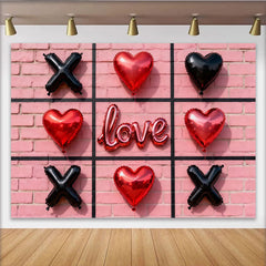 Lofaris Toile de fond romantique avec cœurs rouges et ballons amour, pour la Saint-Valentin, motif tic-tac-toe et mur de briques roses.