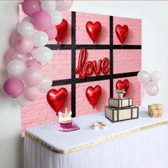 Lofaris Toile de fond d'amour avec cœurs rouges et ballons LOVE, mur de briques rose pour Saint-Valentin et fêtes romantiques