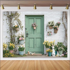 Lofaris oile de fond porte verte en bois vieilli avec fleurs et lapins, décor printanier pour Pâques