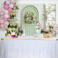Lofaris Toile de fond porte verte couronne florale et lapins, avec œufs de Pâques fleurs pastel et mur de briques