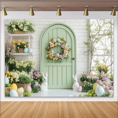 Lofaris Toile de fond porte verte couronne florale et lapins, avec œufs de Pâques fleurs pastel et mur de briques