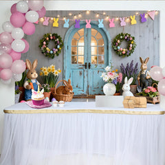 Lofaris Toile de fond de Pâques avec lapins et œufs colorés, décor printanier rustique pour célébration familiale.