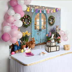 Lofaris Toile de fond de Pâques avec lapins et œufs colorés, décor printanier rustique pour célébration familiale.