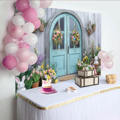 Lofaris Toile de fond de Pâques printanière, porte bleue et décorations florales avec œufs et lapins