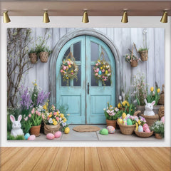 Lofaris Toile de fond de Pâques printanière, porte bleue et décorations florales avec œufs et lapins