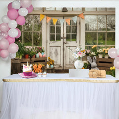 Lofaris Toile de fond de Pâques rustique avec lapin et œufs, fleurs printanières et carottes pour célébrations