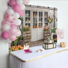 Lofaris Toile de fond serre portes blanches tulipes œufs de Pâques lapin, pour Pâques printemps jardin