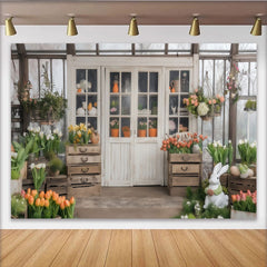 Lofaris Toile de fond serre portes blanches tulipes œufs de Pâques lapin, pour Pâques printemps jardin