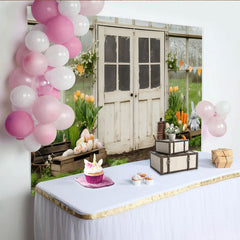 Lofaris Toile de fond de Pâques rustique et printanière, avec œufs colorés, lapin et tulipes, pour décor de serre