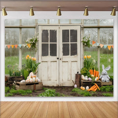 Lofaris Toile de fond de Pâques rustique et printanière, avec œufs colorés, lapin et tulipes, pour décor de serre