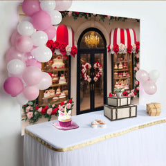 Lofaris Toile de fond romantique vitrine de boutique avec roses et cœurs, pour fête ou anniversaire élégant