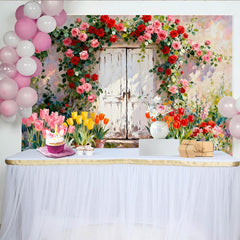 Lofaris Toile de fond porte rustique roses grimpantes et tulipes, jardin fleuri pour printemps été, accessoires de studio photo