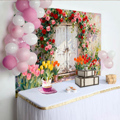 Lofaris Toile de fond porte rustique roses grimpantes et tulipes, jardin fleuri pour printemps été, accessoires de studio photo