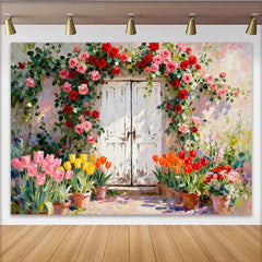 Lofaris Toile de fond porte rustique roses grimpantes et tulipes, jardin fleuri pour printemps été, accessoires de studio photo