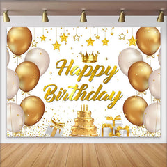 Lofaris Toile de fond joyeux anniversaire avec ballons dorés, décoration élégante pour fête et gâteau