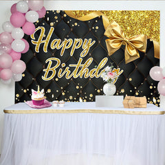 Lofaris Toile de fond d'anniversaire noire et or avec paillettes, diamants et nœud, élégante pour célébration festive.