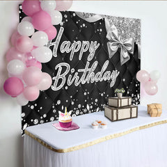 Lofaris Toile de fond joyeux anniversaire noire capitonnée et argentée, avec paillettes et diamants pour fête élégante.