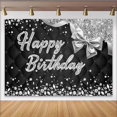 Lofaris Toile de fond joyeux anniversaire noire capitonnée et argentée, avec paillettes et diamants pour fête élégante.