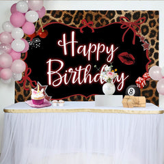 Lofaris Toile de fond joyeux anniversaire léopard et glamour, avec cerises, dés et étoiles scintillantes pour une fête mémorable.