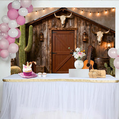 Lofaris Toile de fond western cabane en bois et cactus, avec crânes de taureau et guitare, pour fête country