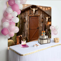 Lofaris Toile de fond western cabane en bois et cactus, avec crânes de taureau et guitare, pour fête country