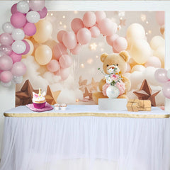 Lofaris Toile de fond rose et crème pour baby shower avec ours en peluche et ballons, décor doux et nuageux pour photographie de nouveau-né