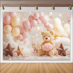 Lofaris Toile de fond rose et crème pour baby shower avec ours en peluche et ballons, décor doux et nuageux pour photographie de nouveau-né
