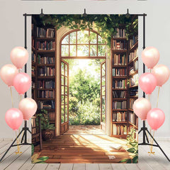 Lofaris Toile de fond bibliothèque lumineuse, étagères de livres et vue sur jardin printanier à travers une fenêtre arquée pour salle de lecture