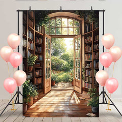 Lofaris Toile de fond bibliothèque à lumière chaude, porte ouverte sur jardin fleuri pour portrait romantique