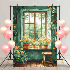 Lofaris Toile de fond pièce verte fraîche, fleurs orange sur rebord de fenêtre et jardin ensoleillé pour décoration printanière