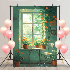 Lofaris Toile de fond fenêtre verte simple, fleurs orange en pot et chaise blanche pour portrait printanier