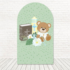 Toile de fond pour arche thème bleu doux ours baptême pour bénédiction bébé