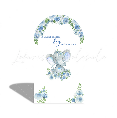Toile de fond pour arche flore éléphant rayure pois bleus pour fête anniversaire Baby Shower révélation genre
