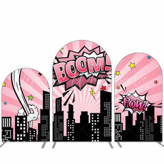 Kit toile de fond pour arche anniversaire ciel rose ville nuit Boom
