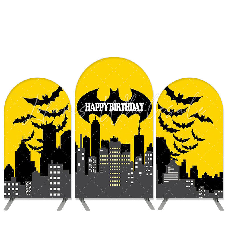 Kit toile de fond pour arche anniversaire jaune noir thème héros dessin animé