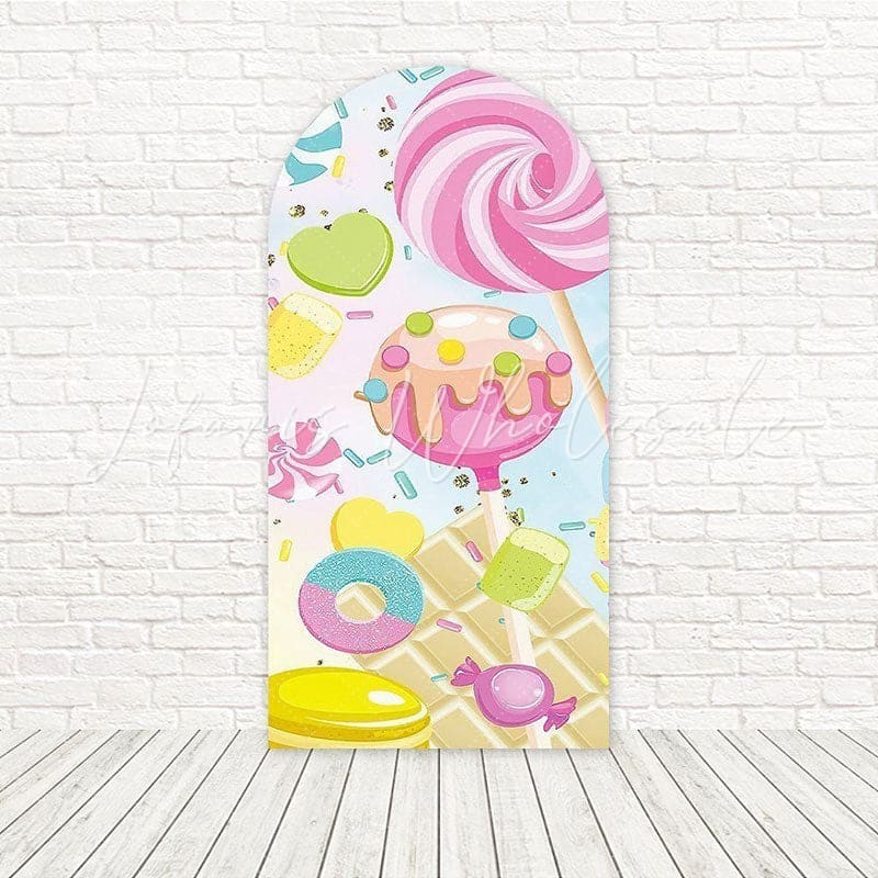 Toile de fond pour arche friandise sucrée confiserie pour célébration thème bonbons